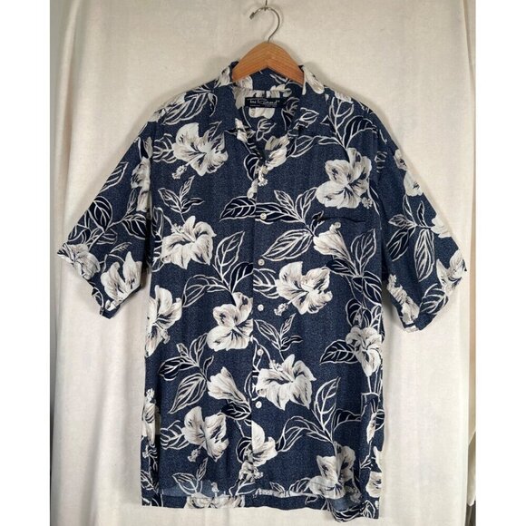 Vintage 90s Tori Richards Mens Size L Navy Hawaiian Shirt MOP Logo Buttons Surf - Picture 6 of 9
